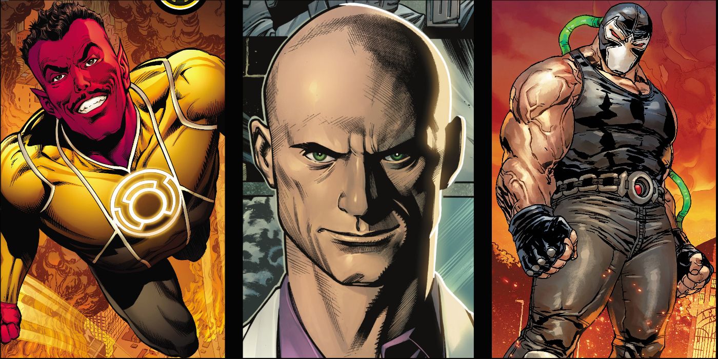 A split image of Sinestro, Lex Luthor, and Bane from DC Comics