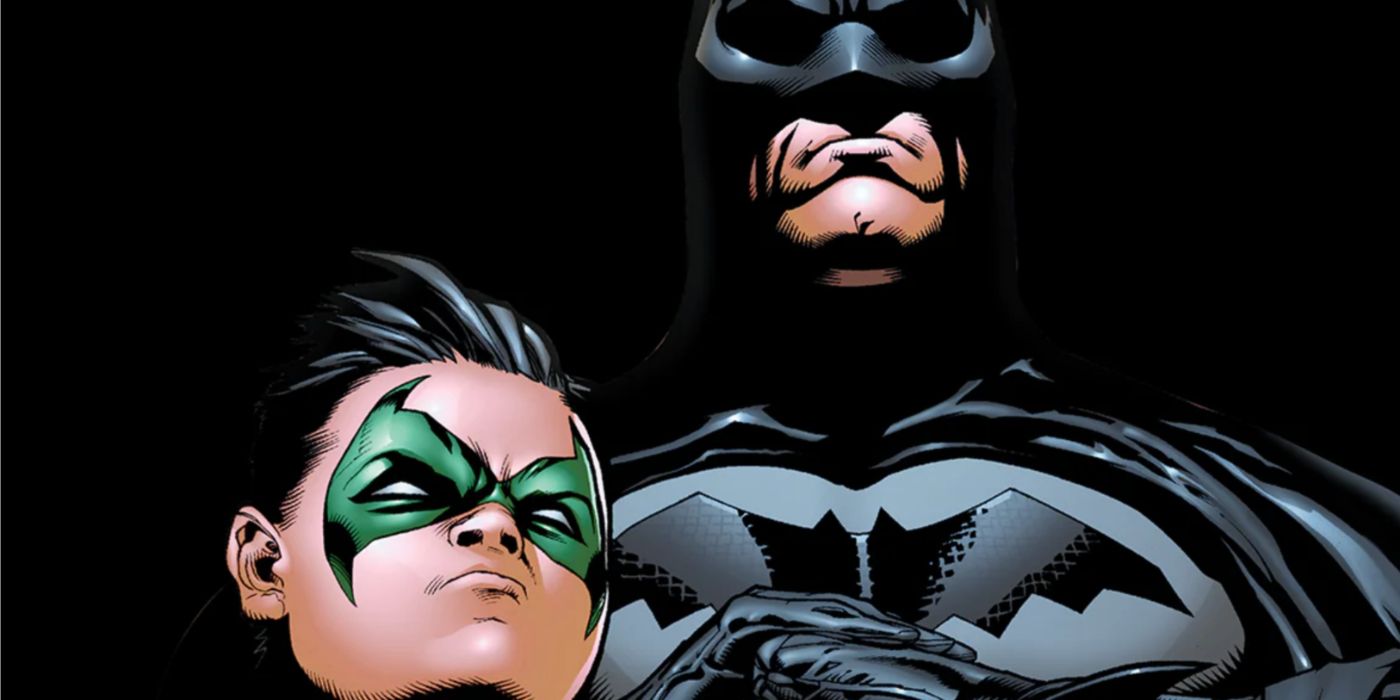 Damian and Bruce Wayne as Robin and Batman against a black background in DC Comics.