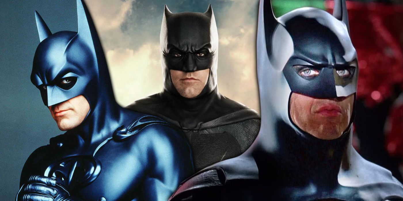 A composite image featuring George Clooney, Ben Affleck, and Michael Keaton's respective Batmans.
