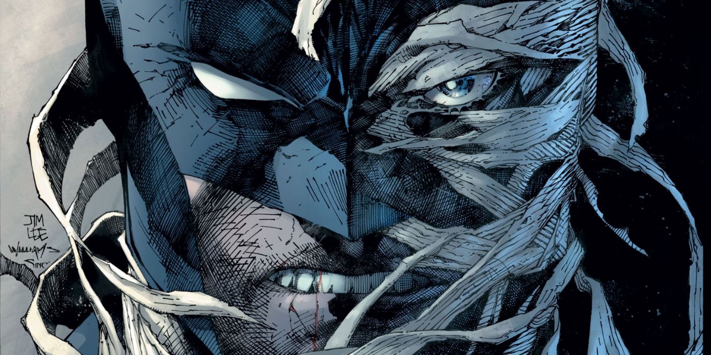 Cover art for Hush featuring a split of Batman and the titular villain's face in DC Comics