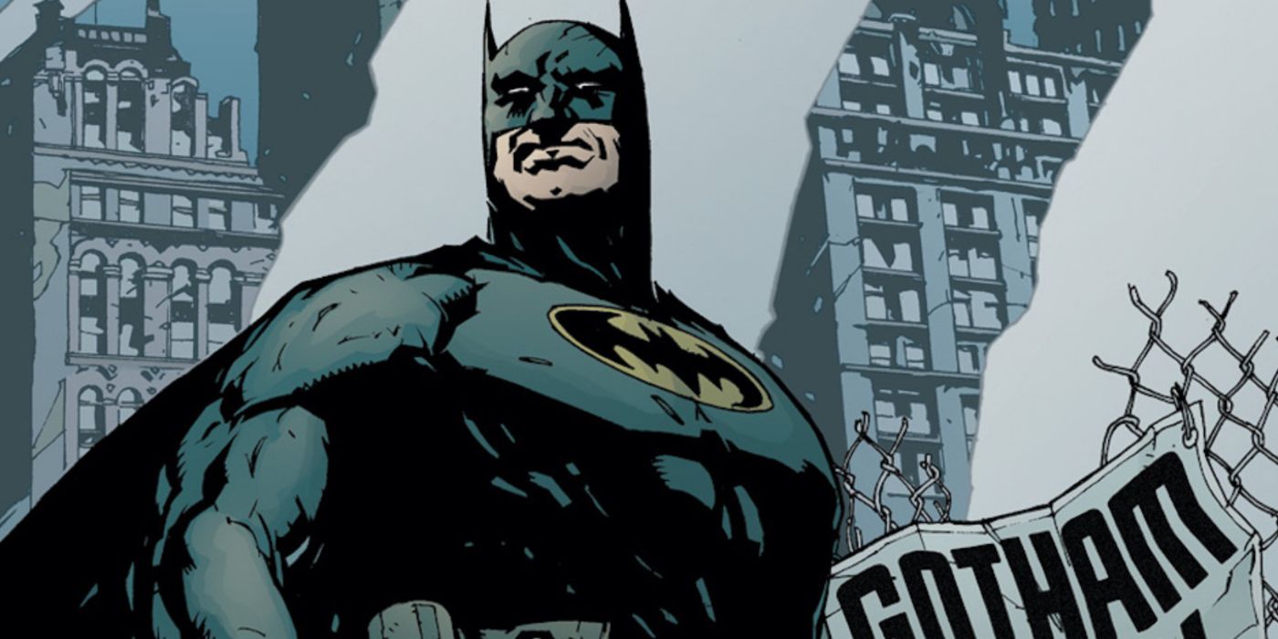 Batman standing in front of Gotham's ruins in No Man's Land cover art.