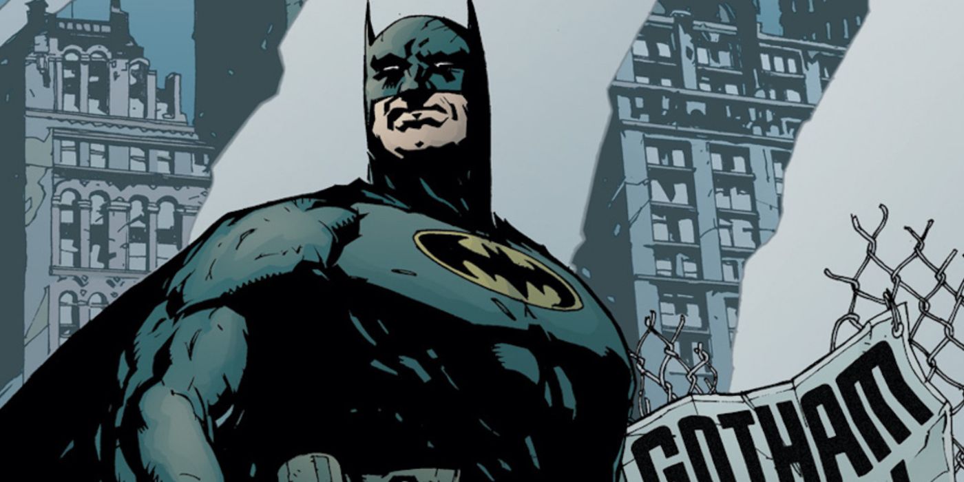 Batman parado em frente às ruínas de Gotham na arte da capa de No Man's Land.