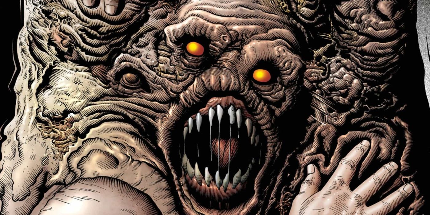 Batman One Bad Day Clayface morphs into a horrific creature with yellow eyes in DC Comics.