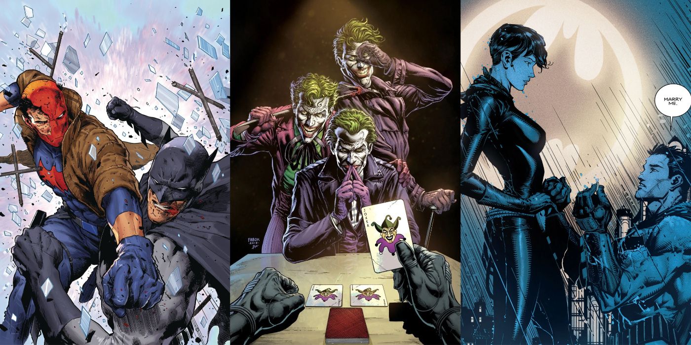Split image of Red Hood vs Batman, Three Jokers, and Batman proposing to Catwoman