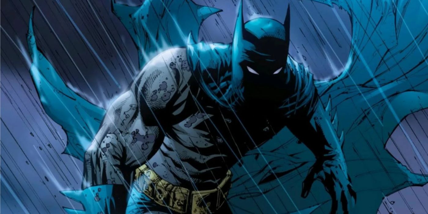 Batman emerging from his grave in a storm in DC Comics.