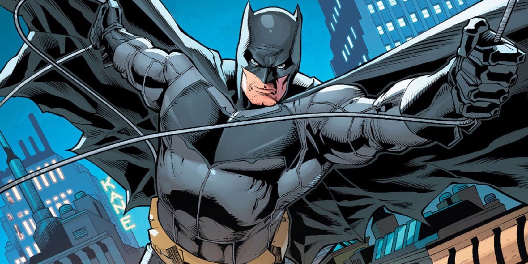 DCEU comic book version of Batman swinging on a cable