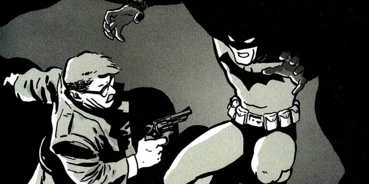 Year One comic book art featuring Gordon and Batman confronting each other.