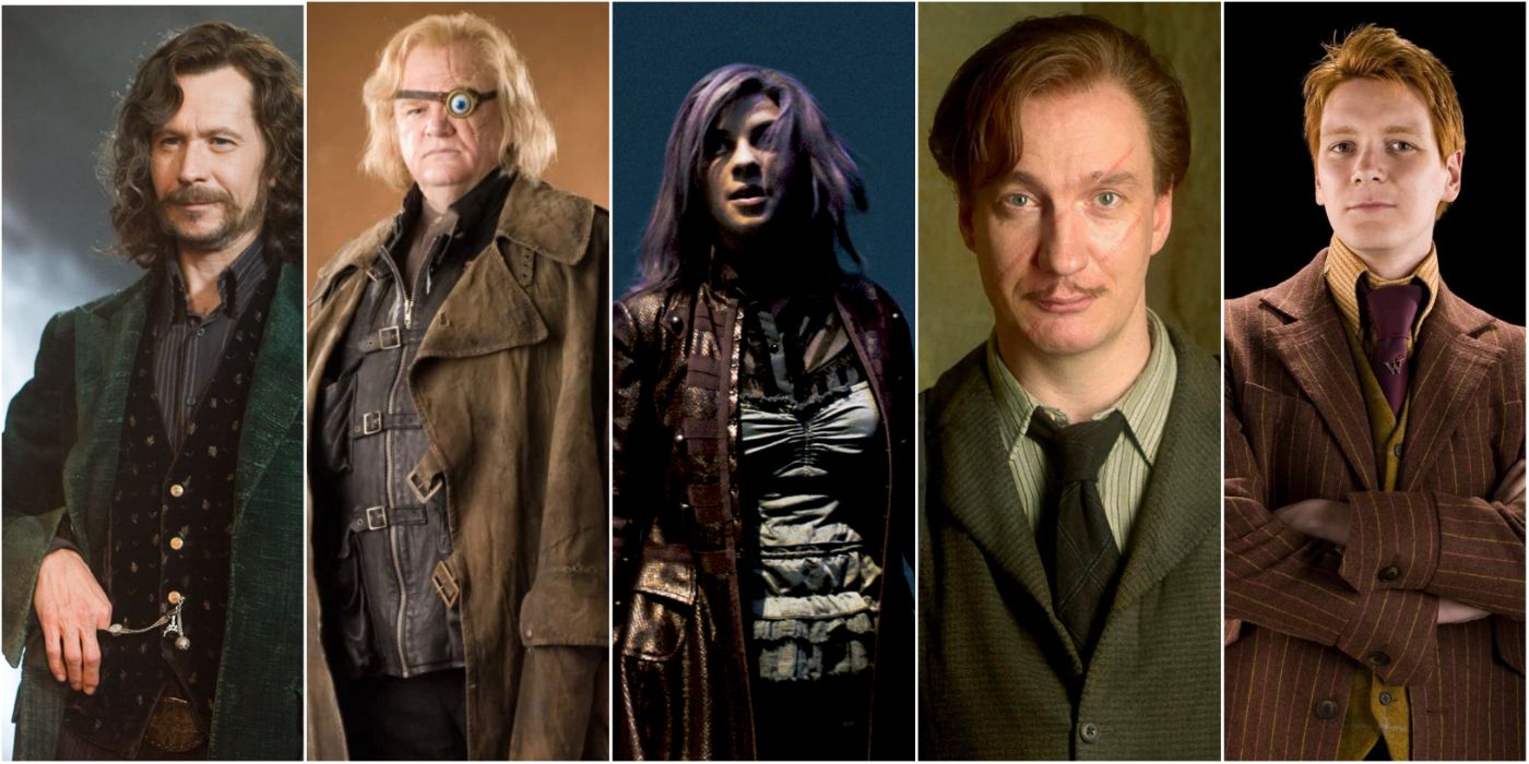 From left to right: Sirius Black, Mad-Eye Moody, Nymphadora Tonks, Remus Lupin, and Fred Weasley