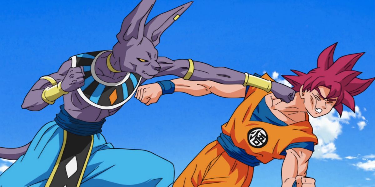 Beerus punches Super Saiyan God Goku in Dragon Ball Super.