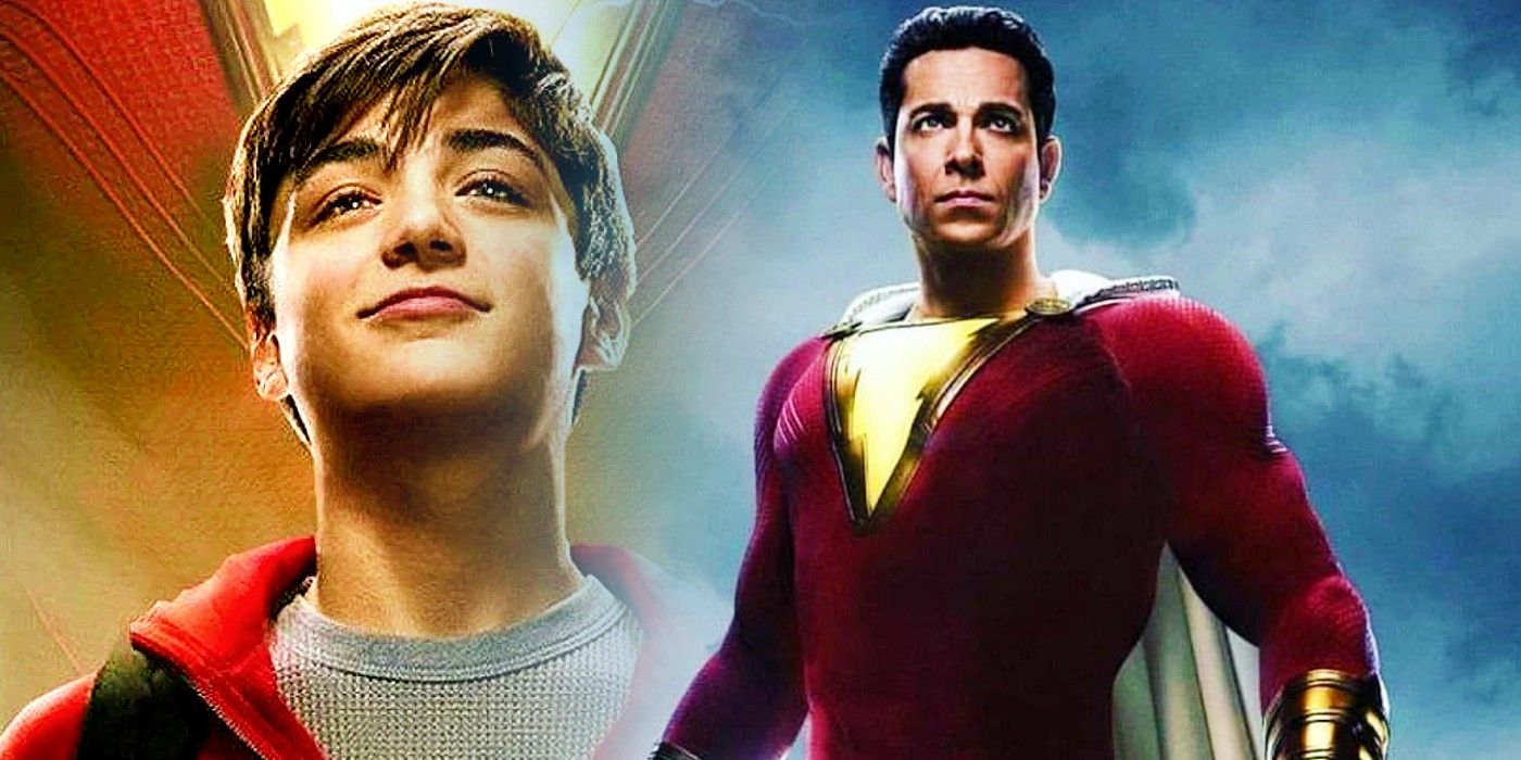 Zachary Levi's Billy Batson next to a younger version of himself play by Asher Angle