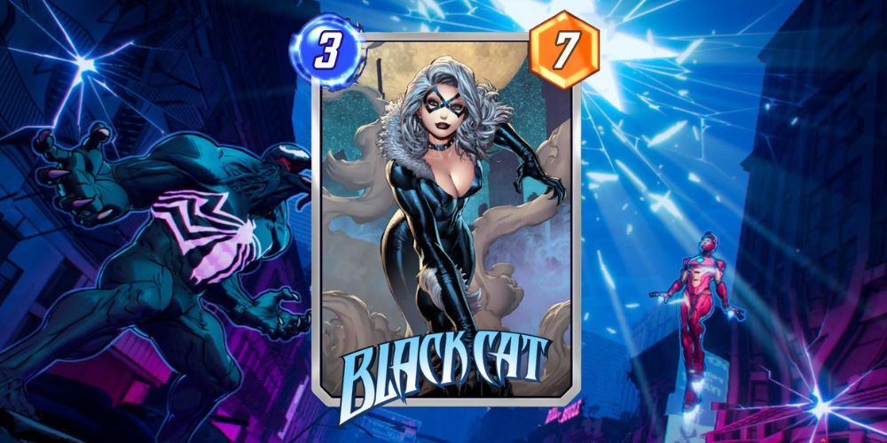 Black Cat card Marvel Snap with Marvel Snap background