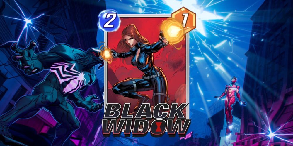 Black Widow card Marvel Snap with Marvel Snap background