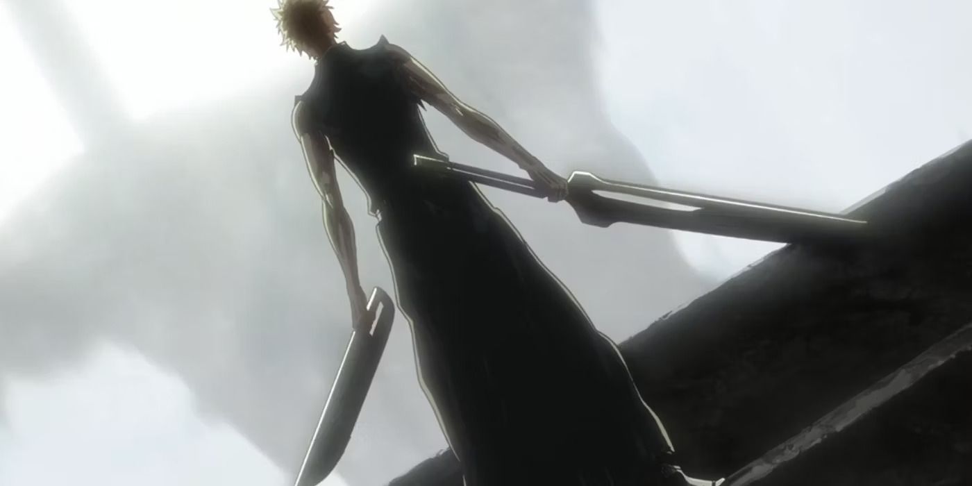 A still from Bleach: Thousand-Year Blood War shows a behind view of Ichigo with his Zanpakuto, Zangetsu