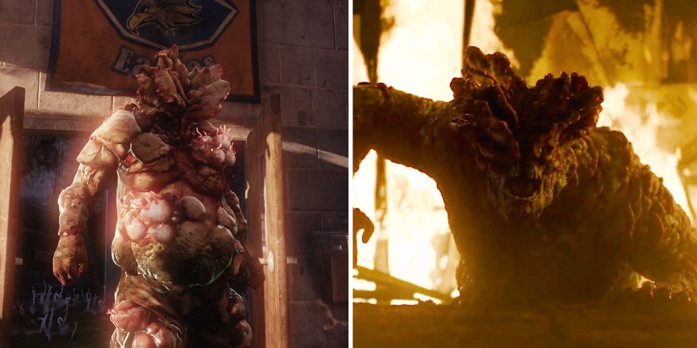 Bloater emerging from a gym closet in The Last of Us while a Bloater emerges from a firey pit in HBO's The Last of Us