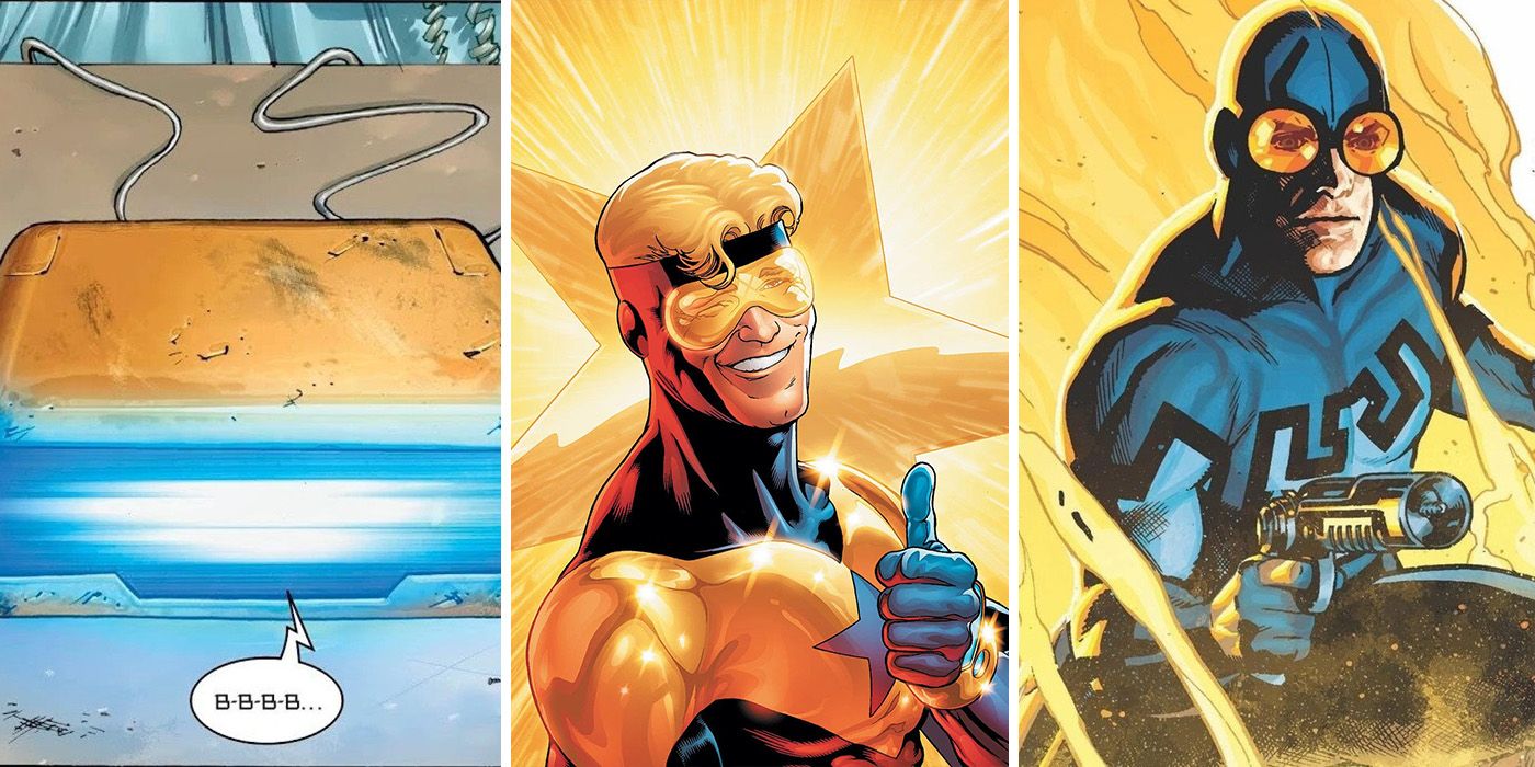 Booster Gold with allies Skeets and Blue Beetle Ted Kord