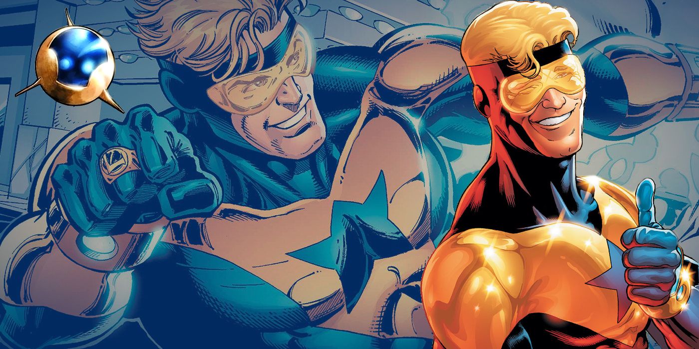 Booster Gold and Skeets in the foreground. Behind them in a muted blue colour is another image of Booster, flying.