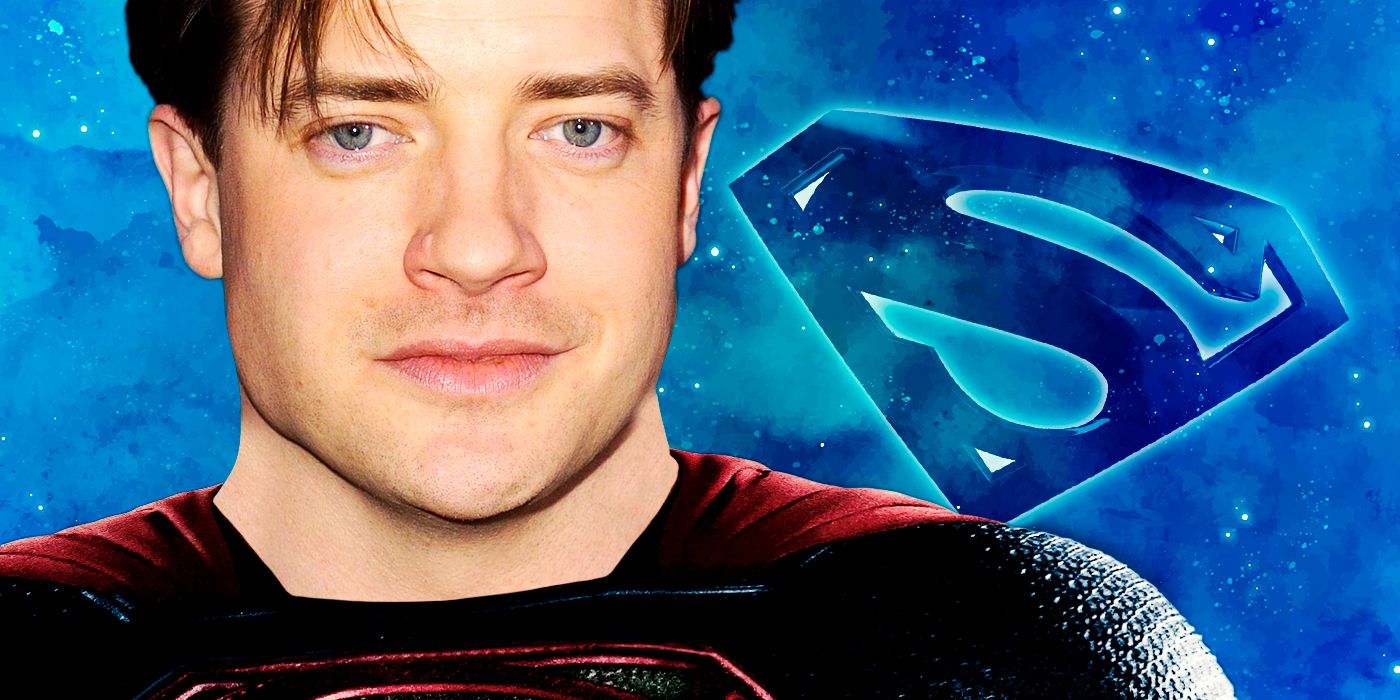 Brendan-Fraser as Superman behind the Man of Steel's logo