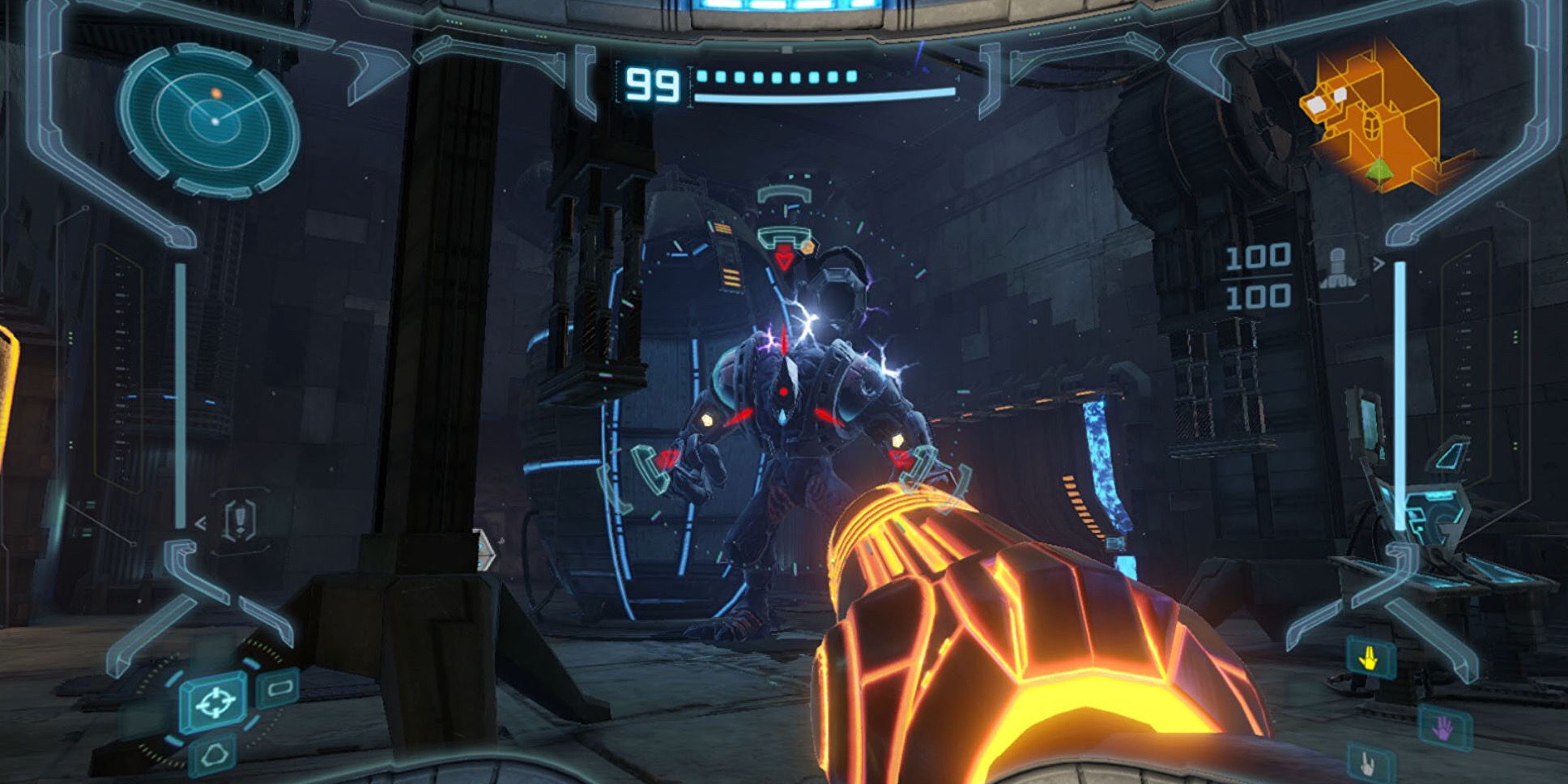 Samus fighting an enemy in Metroid Prime Remastered