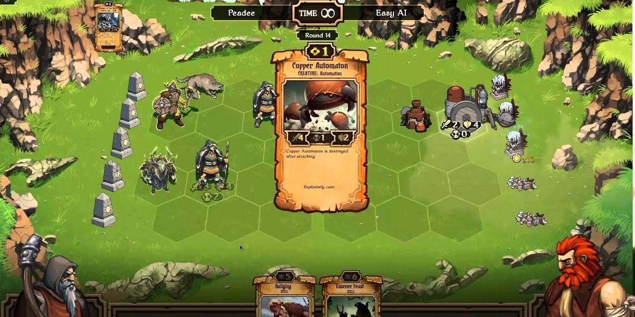 Uma batalha entre dois oponentes no jogo para celular de Mojang, Caller's Bane.