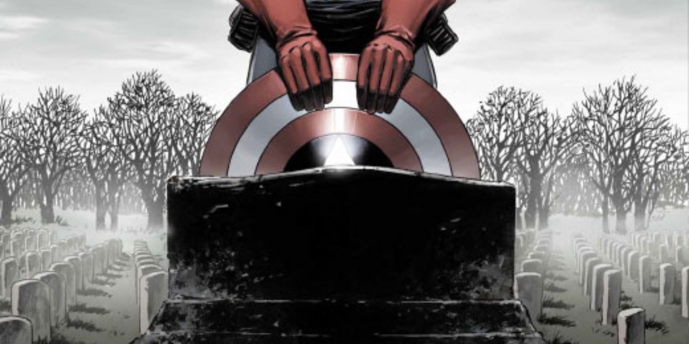Captain America's shield rests against his grave