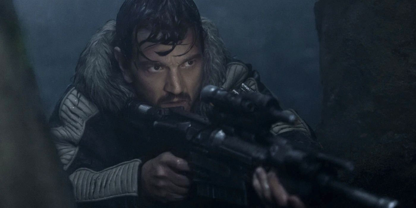 Cassian Andor preparing to shoot Galen Erso in Rogue One: A Star Wars Story