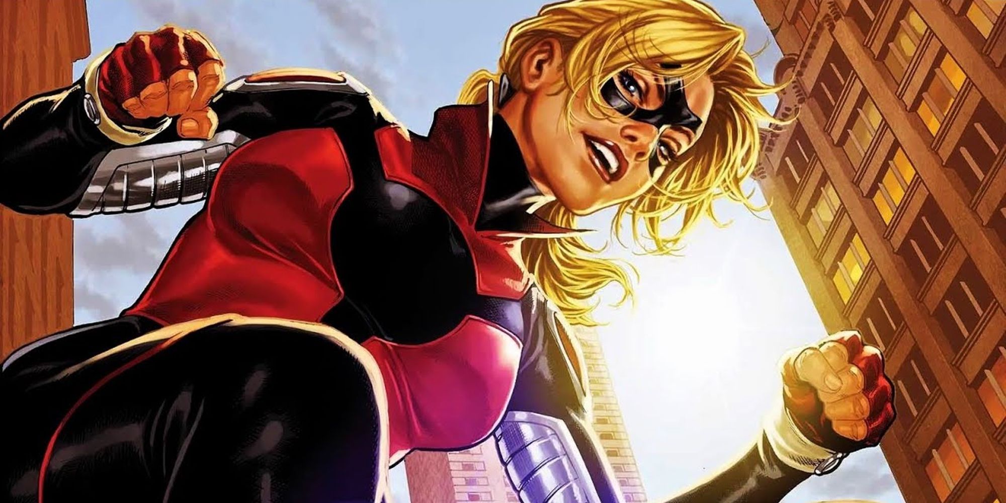 Cassie Lang standing as tall as a building as Stature in Marvel Comics