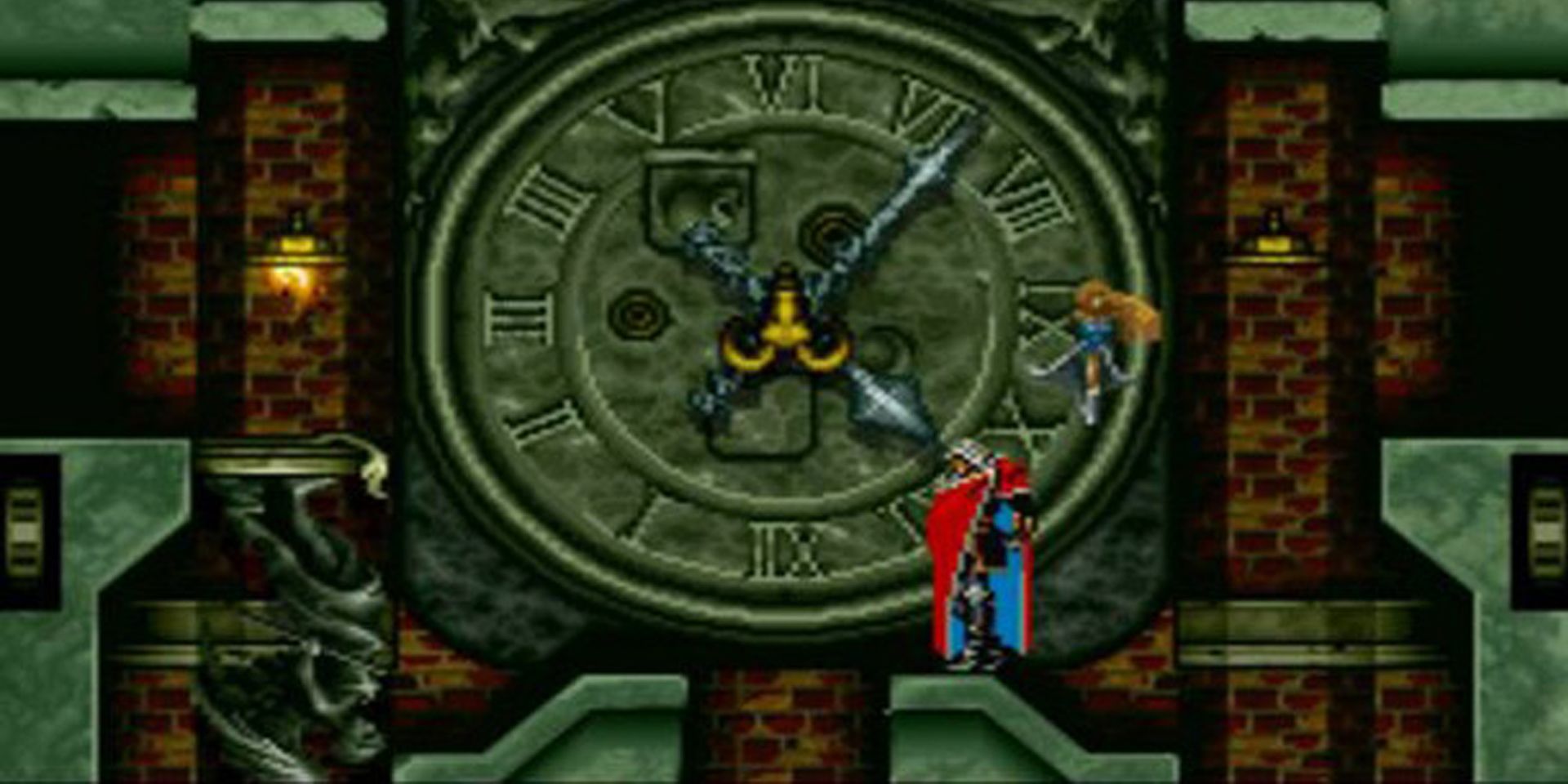Alucard and his familiar fairy stand in front of the clock in the Inverted Castle in Castlevania: Symphony of the Night.