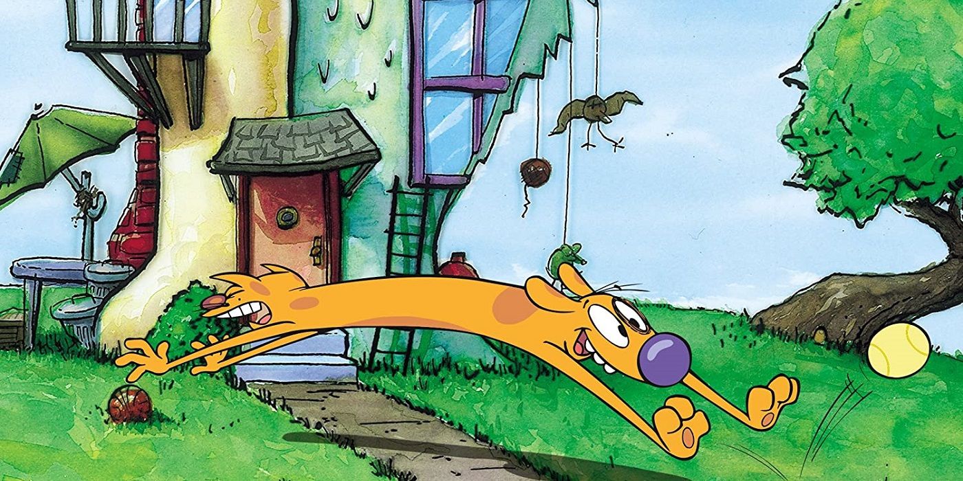 Uma imagem de Cachorro pulando para pegar uma bola enquanto Gato reclama em CatDog.