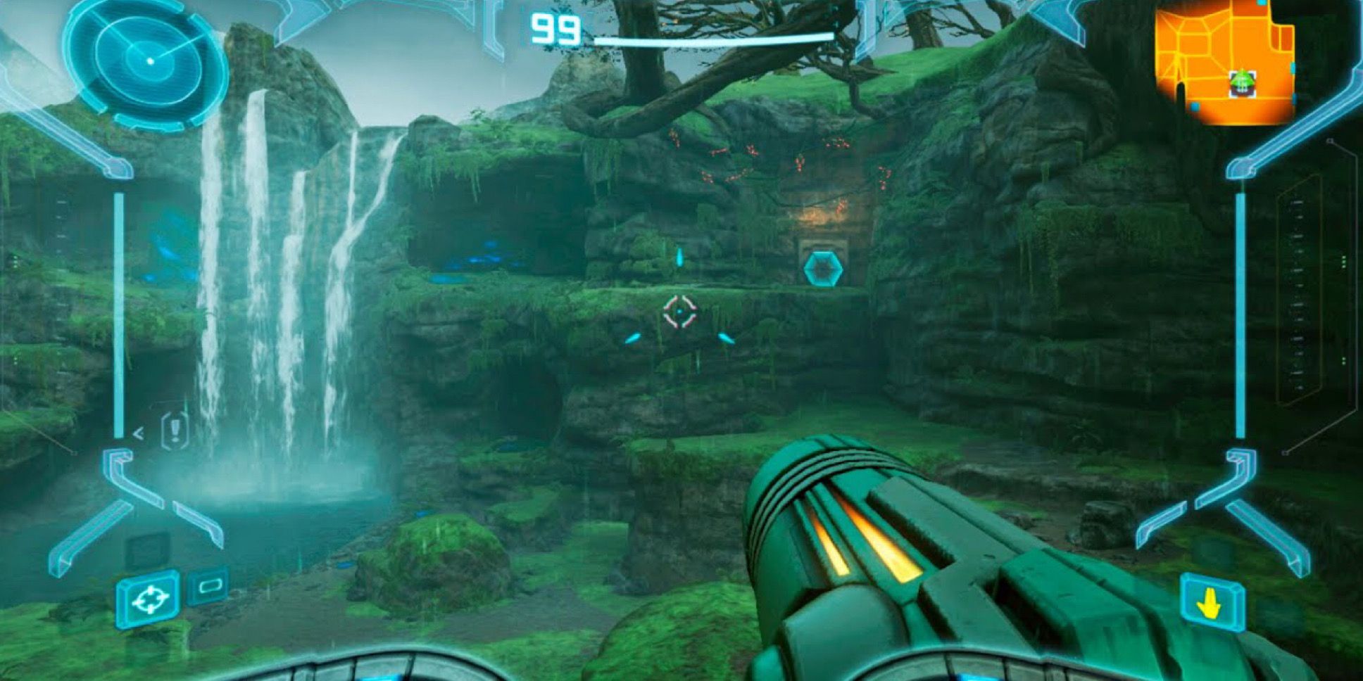 An outdoor scene with a waterfall in Metroid prime remastered