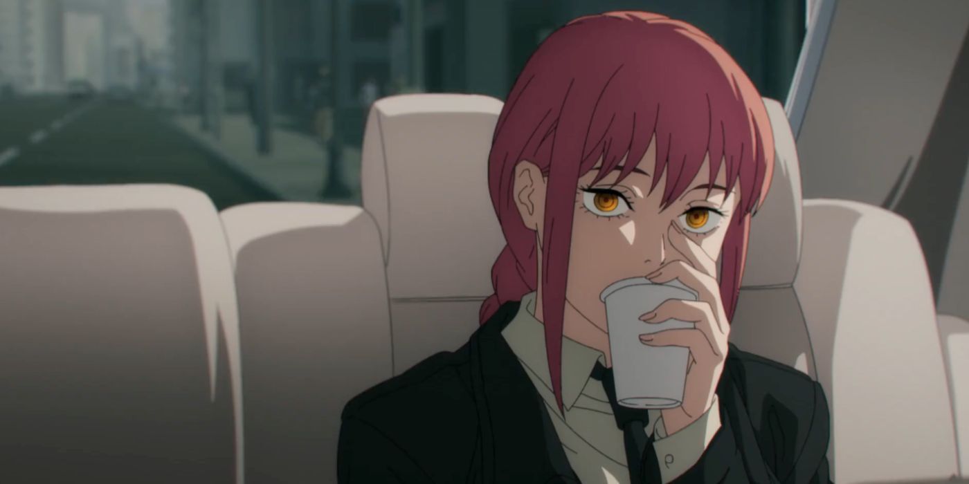 Makima drinking coffee while sitting in her car in Chainsaw Man