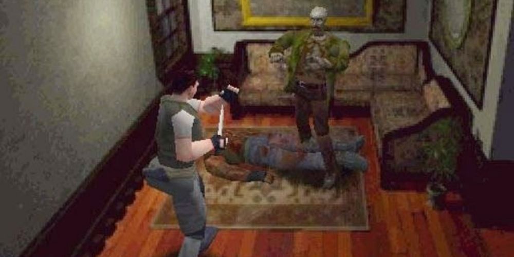 Chris Redfield fights a Zombie in Resident Evil.