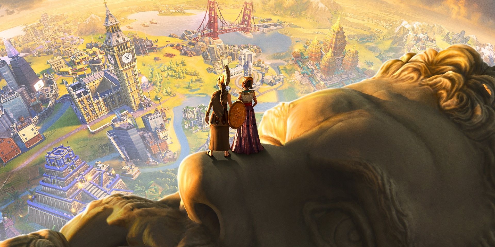 Os personagens do Civilization VI estão no nariz de uma estátua de ouro sobre uma cidade próspera