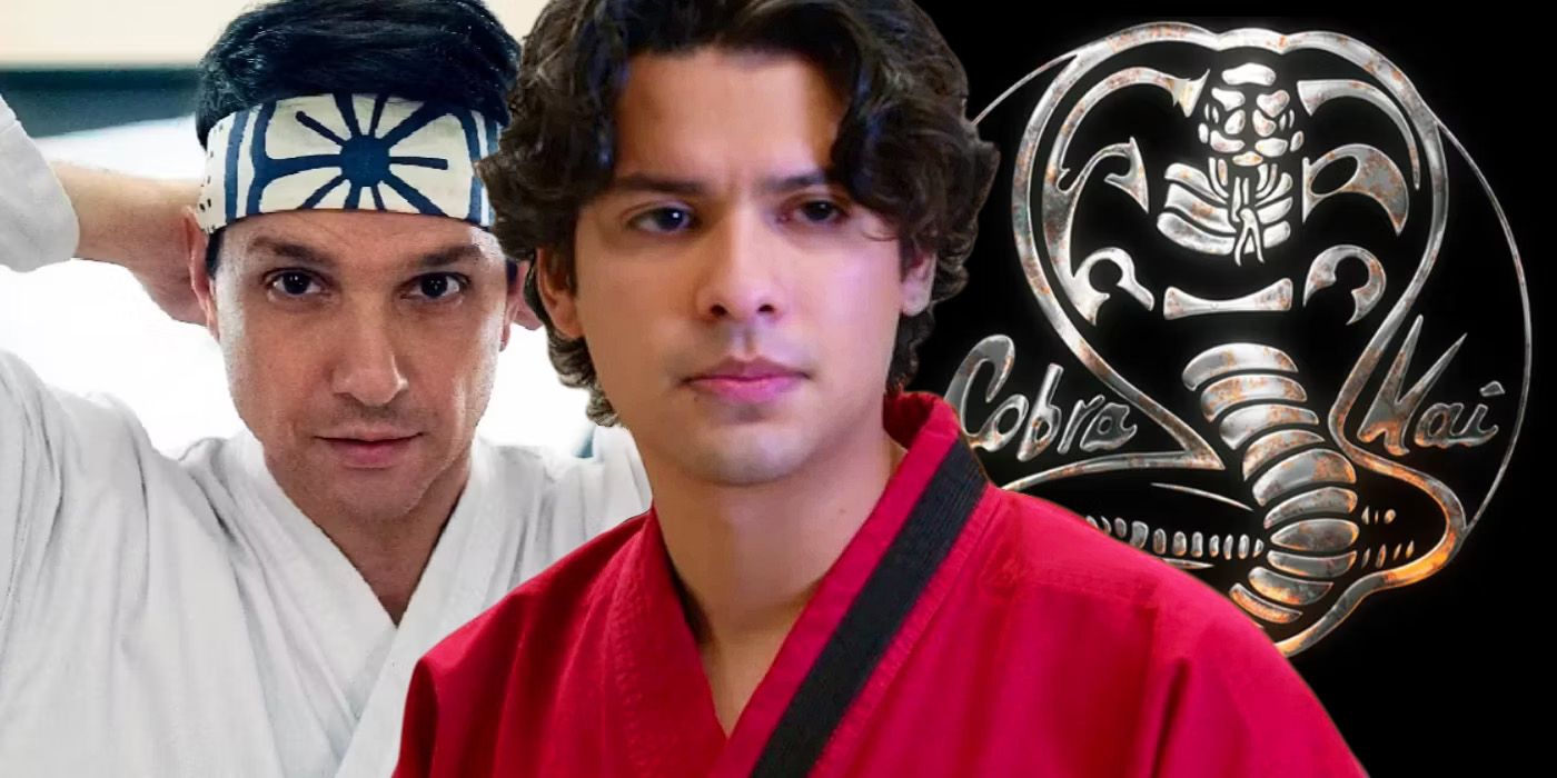 Cobra Kai's Miguel positioned in front of Daniel and the series logo.