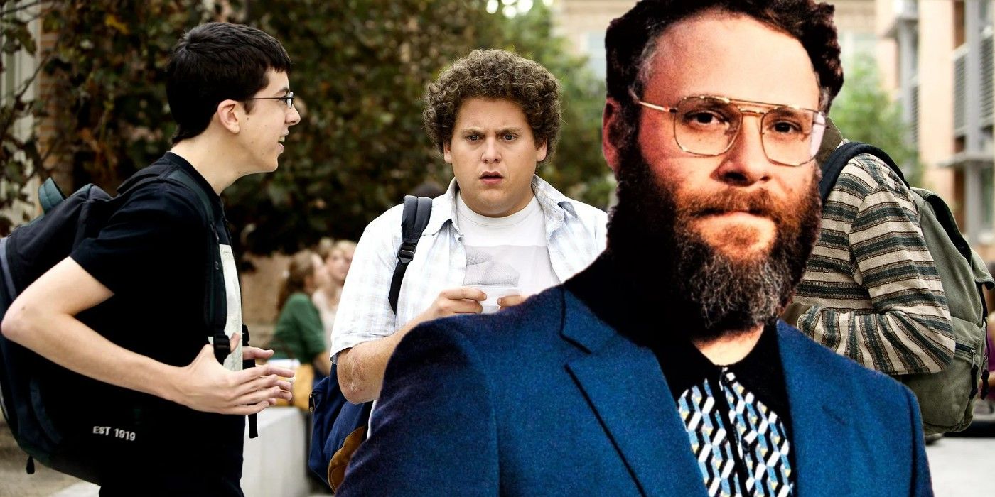 Collage image of Seth Rogen and the cast of Superbad