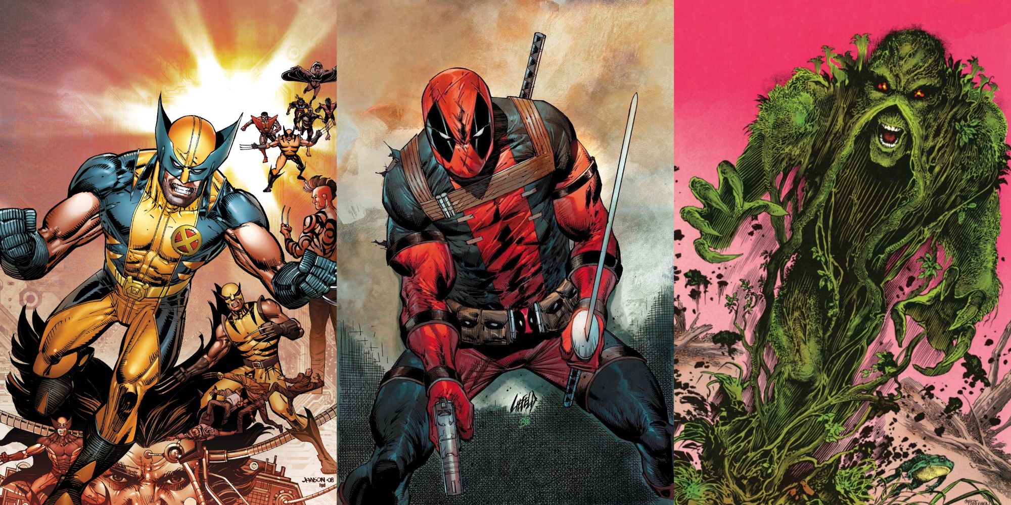 Split image Wolverine, Deadpool, Swamp Thing
