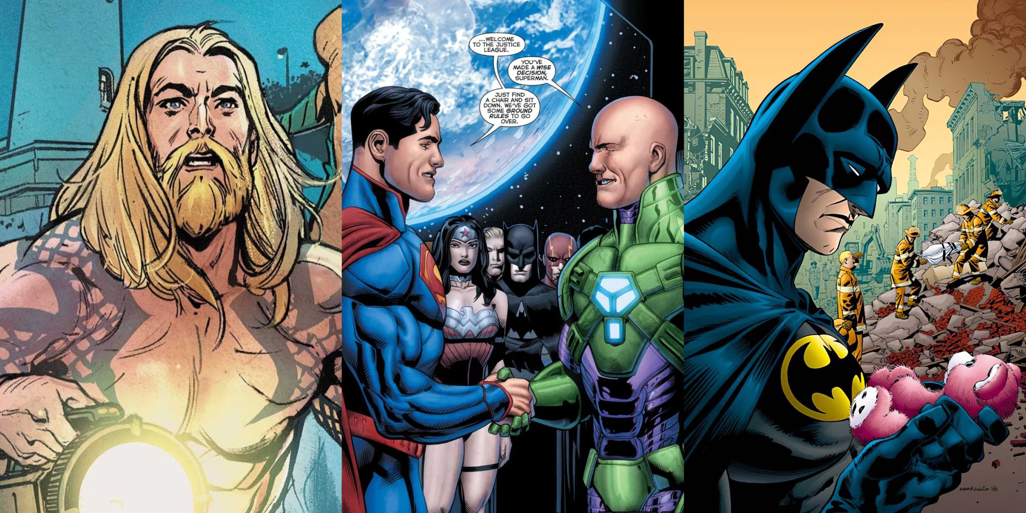 Split image Aquaman, Superman and Luthor, Batman