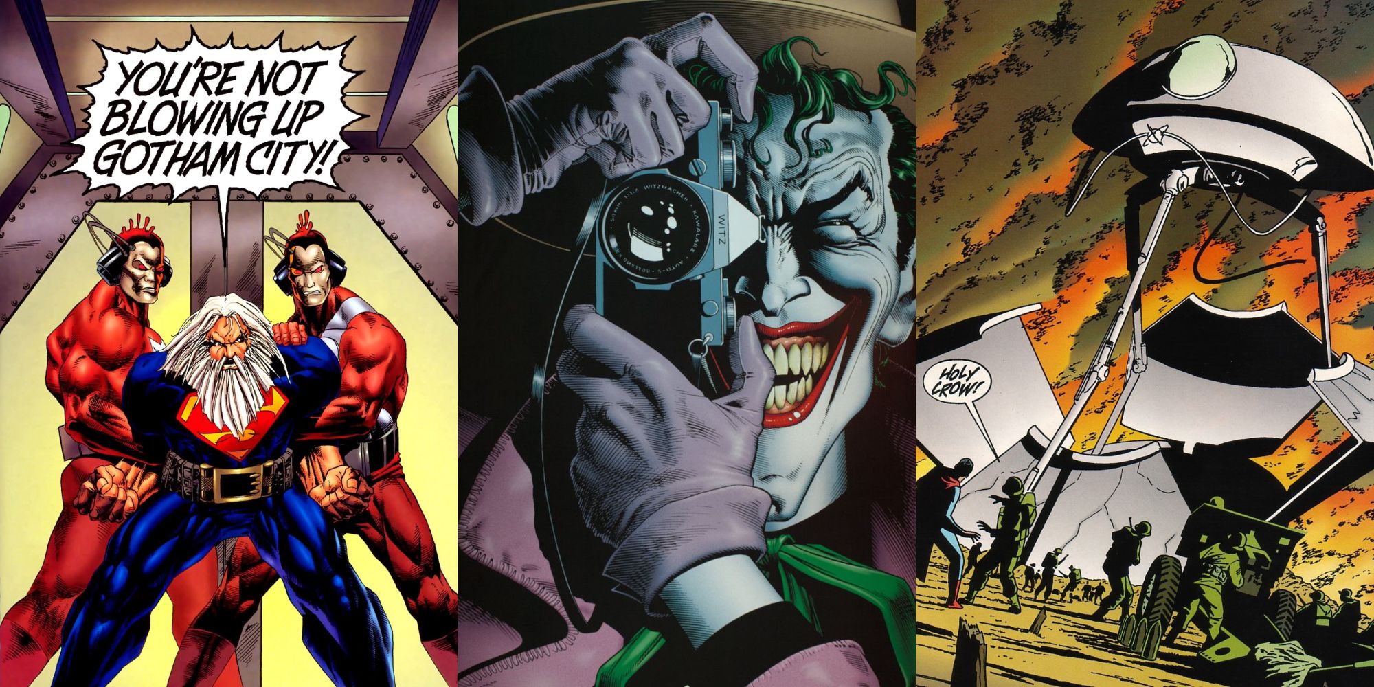Split image Superman At Earth's End, Joker, War of the Worlds Superman