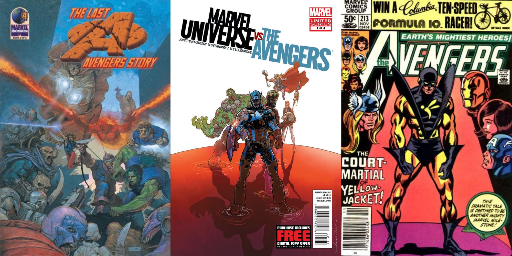 The cover to The Last Avengers Story #2, the cover to Marvel Universe Vs. The Avengers #1, and the cover to Avengers #213