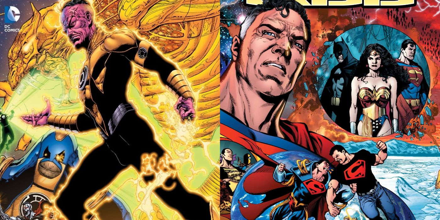 A split image of The Sinestro Corps War and Infinite Crisis from DC Comics