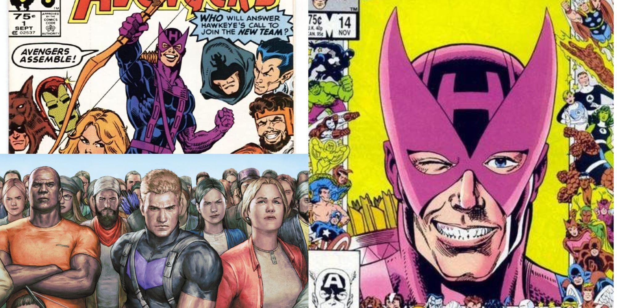 the cover to West Coast Avengers #14 featuring Hawkeye winking, Hawkeye on the cover of Occupy Avengers #1, and Hawkeye on the cover of West Coast Avengers #1