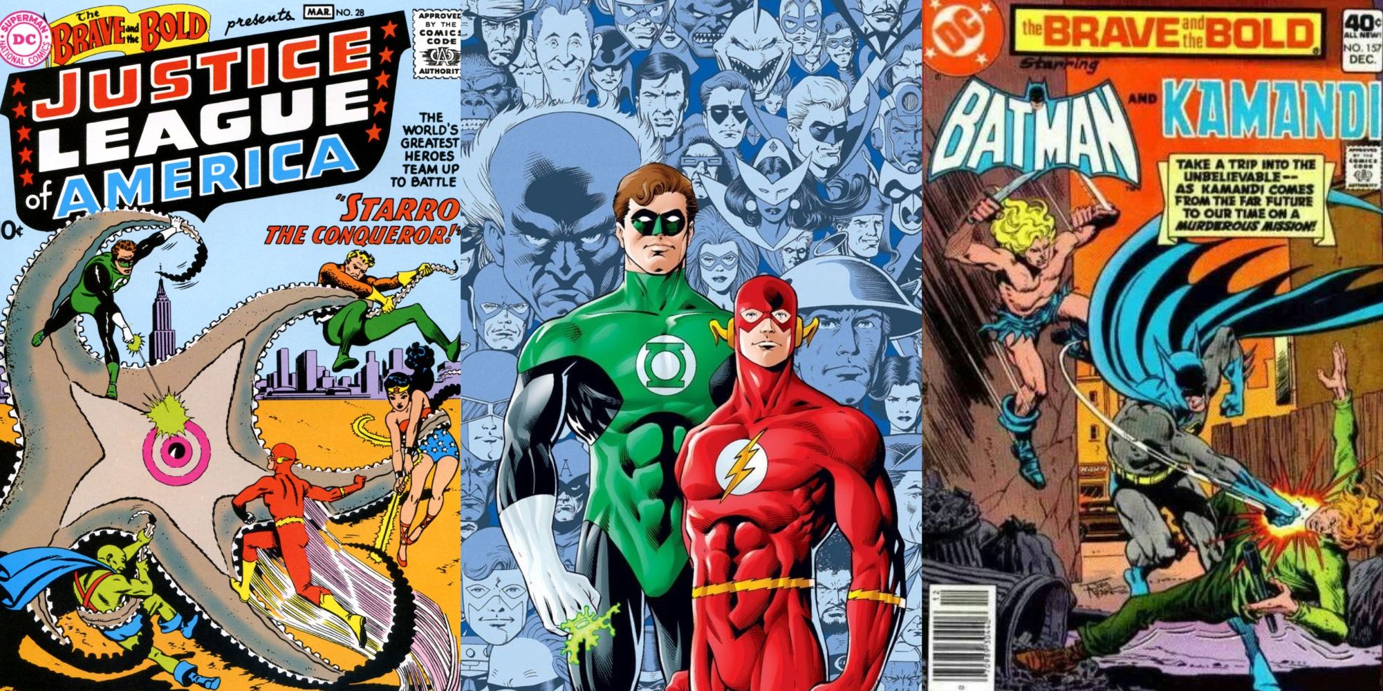 Split image JLA vs Starro, Green Lantern and Flash, Batman and Kamandi