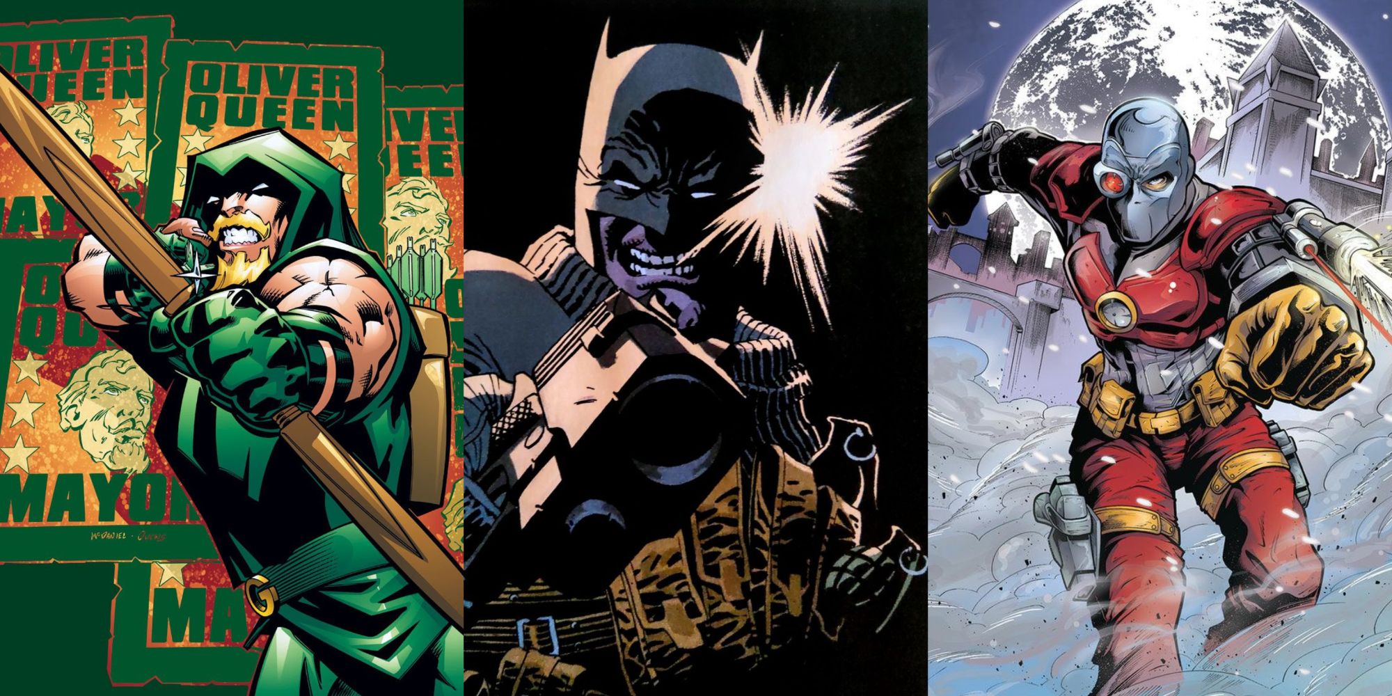 A split image of Green Arrow, Grim Knight, Deadshot in DC Comics