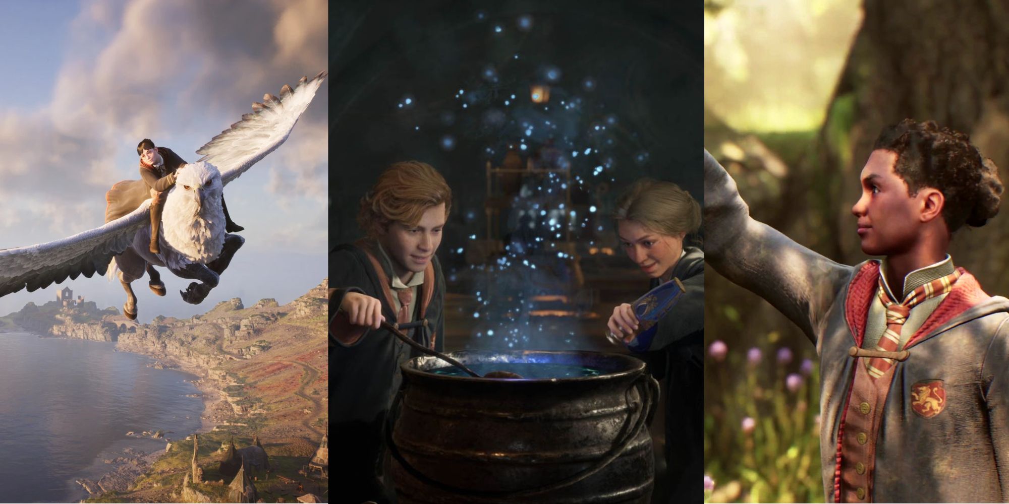 A split image of a Hogwarts student riding a griffon, of two students mixing ingredients in a cauldron, and of a student casting a spell in the Harry Potter game, Hogwarts Legacy