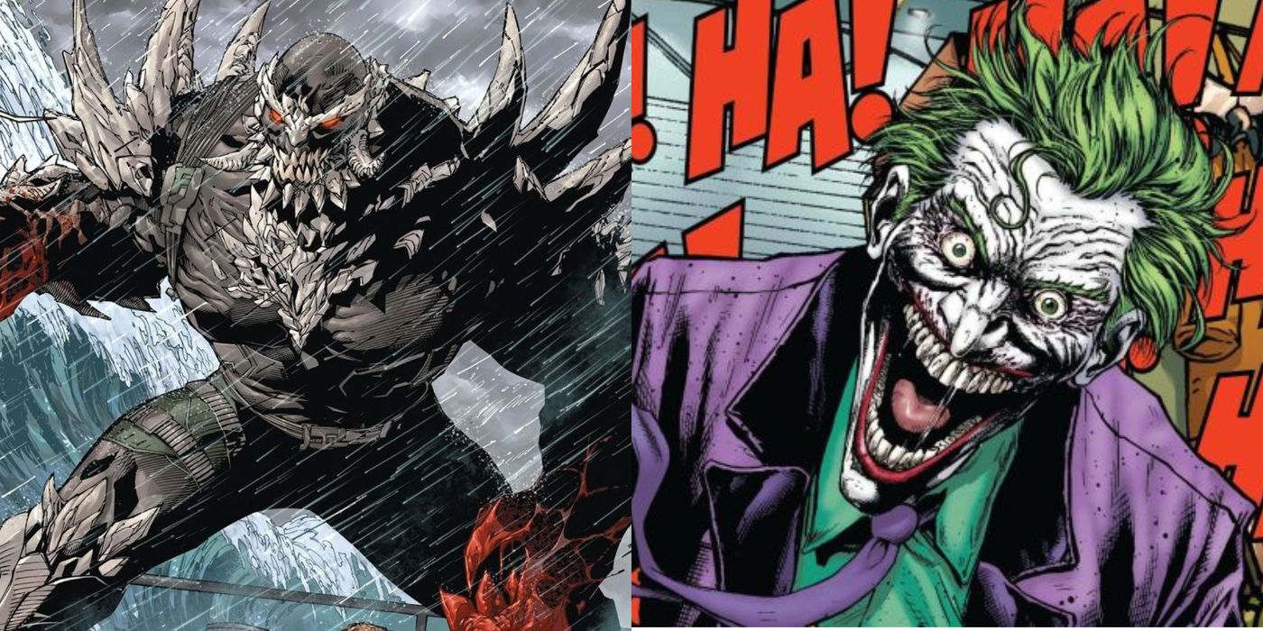 A split image of Doomsday and the Joker from DC Comics