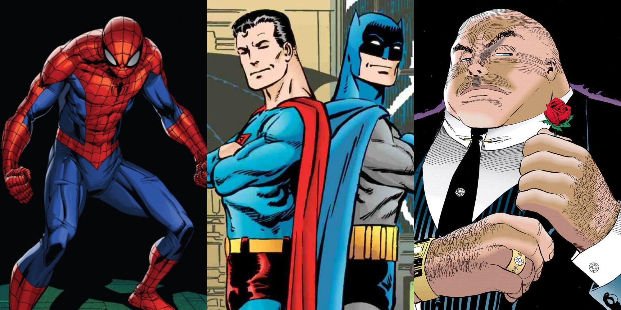 Split image Spider-Man, Batman and Superman, Wilson Fisk Kingpin
