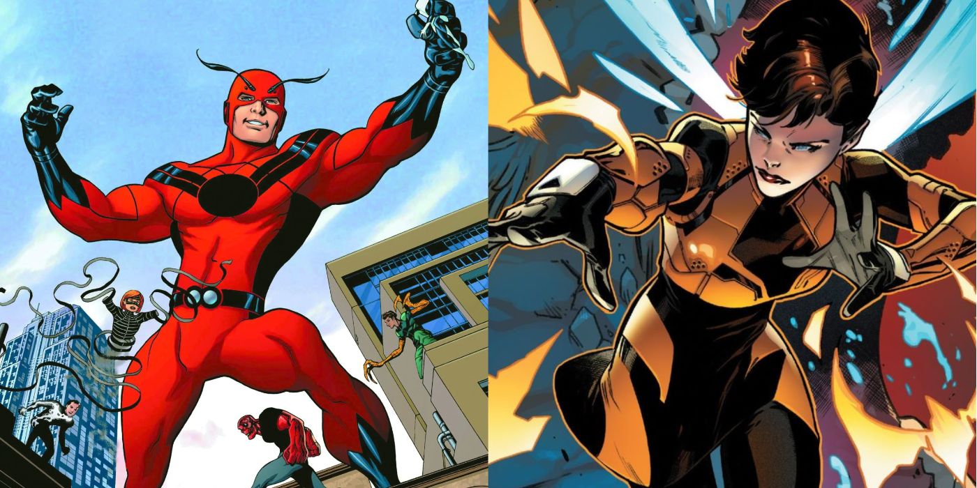 A split image of Hank Pym as Giant Man and the Wasp from Marvel Comics