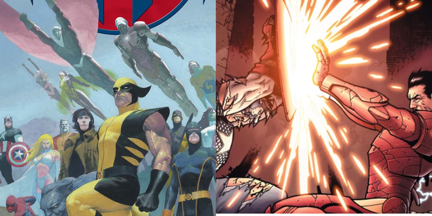 A split image of House Of M and Civil War from Marvel Comics