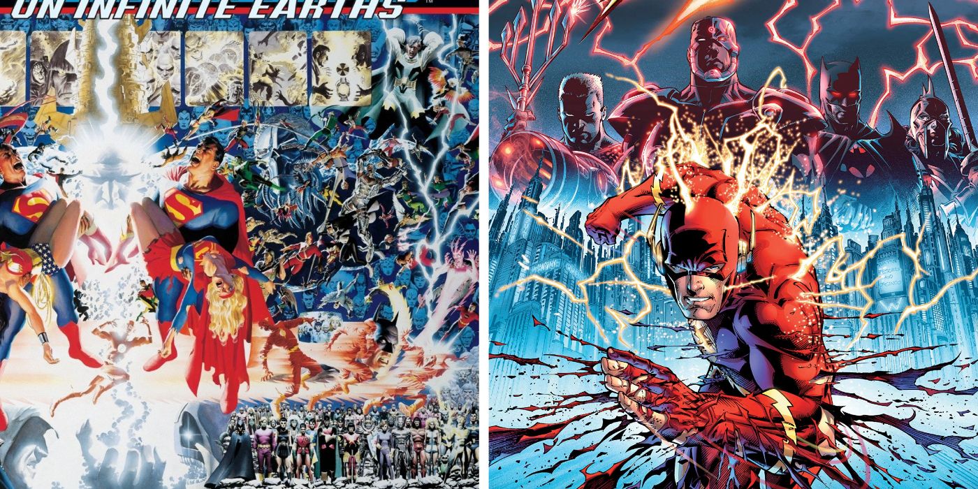 A split image of Crisis On Infinite Earths and Flashpoint from DC Comics