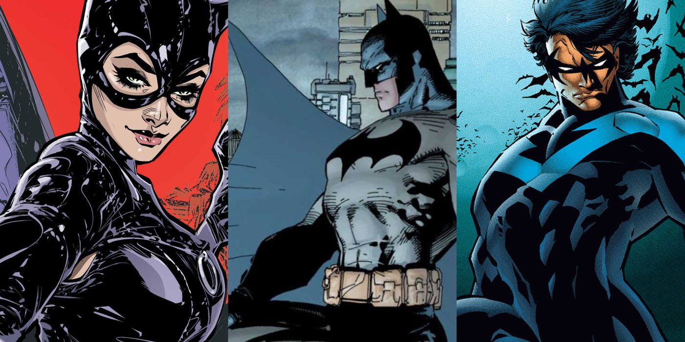 A split image of Catwoman, Batman, and Nightwing