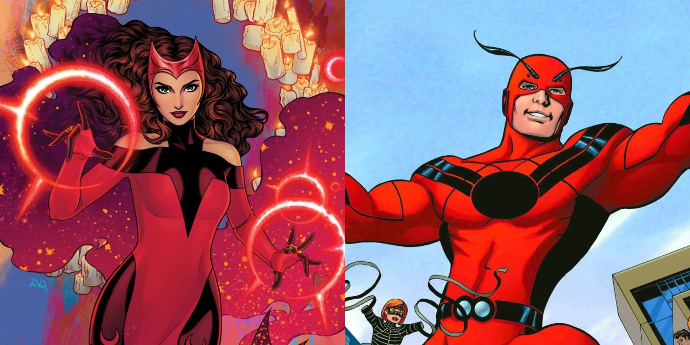 A split image of Scarlet Witch and Hank Pym as Giant-Man from Marvel Comics